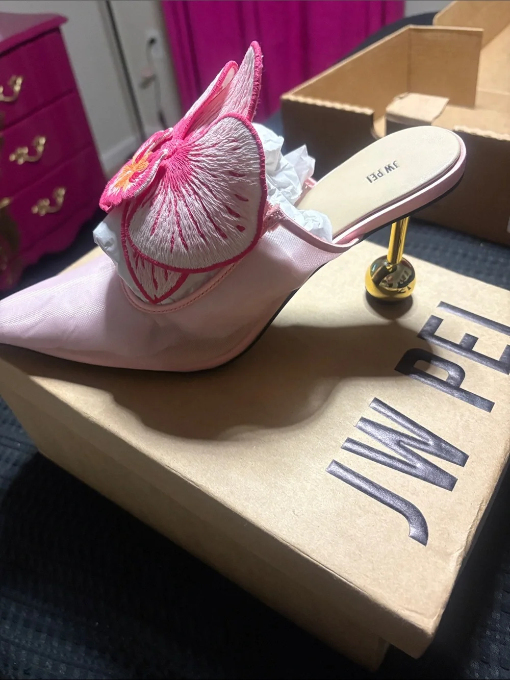 JW PEI Pink Floral Embroidered Pointed Toe Mule